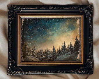 Dark Starry Winter Night Print | Moody Cottage Decor | PRINTABLE | No. 927