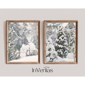 Set of 2 Snowy Pine Tree Paintings | Rustic Vintage Christmas Decor | PRINTABLE | No. 358