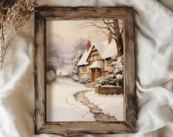 May include: A framed painting of a snow-covered cottage with a path leading to the front door. The cottage has a red door and white trim. The painting is set against a backdrop of trees and a snowy landscape.