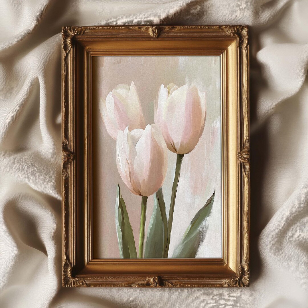 White Tulips Print Vintage Style Wall Art | Soft Color Cottage Spring ...