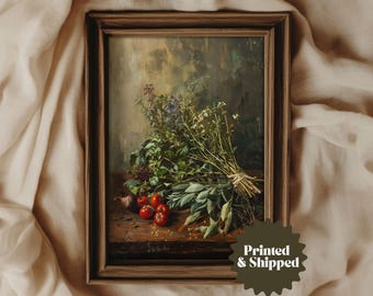Kitchen Herbs Vintage Still Life Painting | Moody Farmhouse Kitchen Decor | PRINTED AND SHIPPED | No. A355
