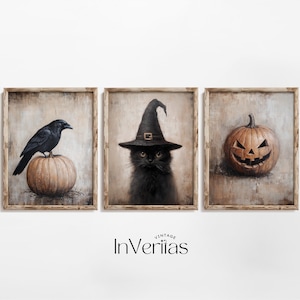 プリミティブ ハロウィン ギャラリー ウォール セット | Whimsigoth レイヴン ブラック キャット パンプキン ダーク コテージコア ハロウィン デコレーション | 印刷可能 | No. 680