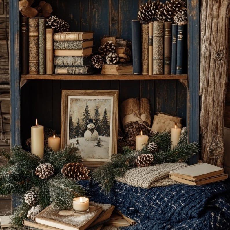 May include: A rustic wooden shelf with books, pine cones, and candles. A framed print of a snowman in a winter scene hangs on the shelf. The shelf is decorated with greenery and a blanket.