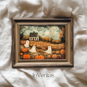 Spooky Ghosts on Pumpkin Patch Print Halloween Wall Art | Vintage Cottage Decor | PRINTABLE | No. 870