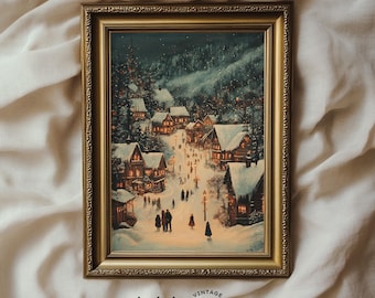 May include: A framed painting depicting a snowy village scene at night. The village is lit up with warm, yellow lights, and there are people walking around. The painting is set in a gold frame with ornate details.