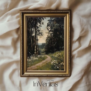 May include: A vintage framed painting of a forest path leading into a lush green forest. The path is lined with white wildflowers and the trees are tall and majestic. The painting is in a gold frame and has a rustic feel.