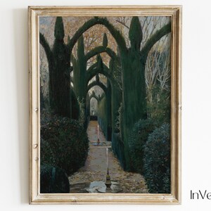 May include: A painting depicting a garden path lined with tall, green trees that form arches overhead. The path is made of stone and leads to a clearing in the distance.