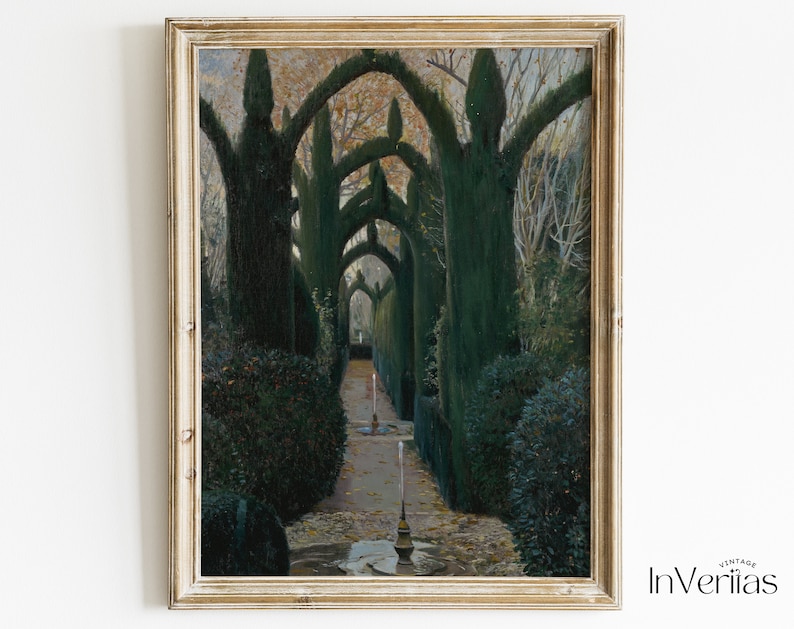 May include: A painting depicting a garden path lined with tall, green trees that form arches overhead. The path is made of stone and leads to a clearing in the distance.