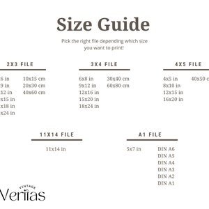 May include: Size guide for printable files in inches and centimetres.  The guide shows different file sizes for 2x3, 3x4, 4x5, 11x14, and A1 files.  The text "InVeritas" is at the bottom of the guide.