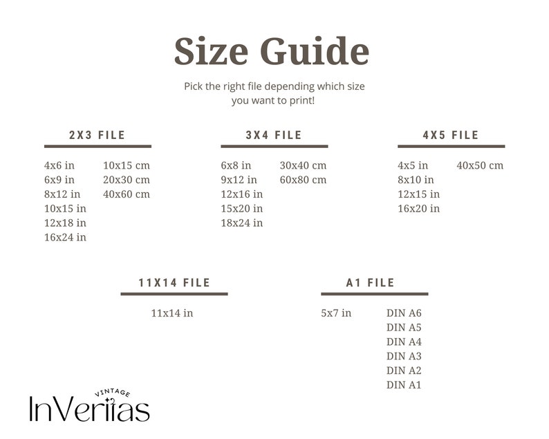 May include: Size guide for printable files in inches and centimetres.  The guide shows different file sizes for 2x3, 3x4, 4x5, 11x14, and A1 files.  The text "InVeritas" is at the bottom of the guide.