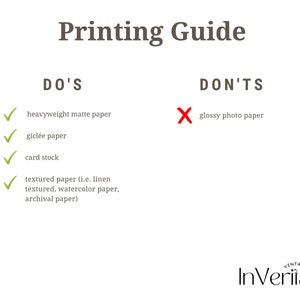 May include: A guide for printing artwork, listing recommended and discouraged paper types.  The recommended paper types include heavyweight matte paper, gicl&eacute;e paper, card stock, and textured paper such as linen, watercolor, and archival paper.  The discouraged paper type is glossy photo paper.