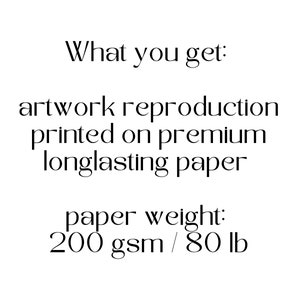 Pu&ograve; includere: Testo che dice "What you get: artwork reproduction printed on premium longlasting paper paper weight: 200 gsm / 80 lb"