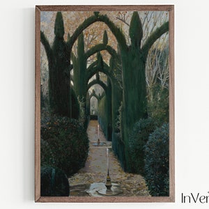 May include: A painting depicting a garden path lined with tall, green trees that have been trimmed into arches. The path leads to a fountain in the distance.