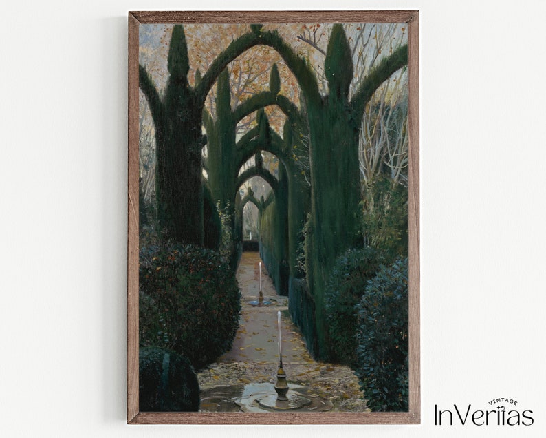 May include: A painting depicting a garden path lined with tall, green trees that have been trimmed into arches. The path leads to a fountain in the distance.