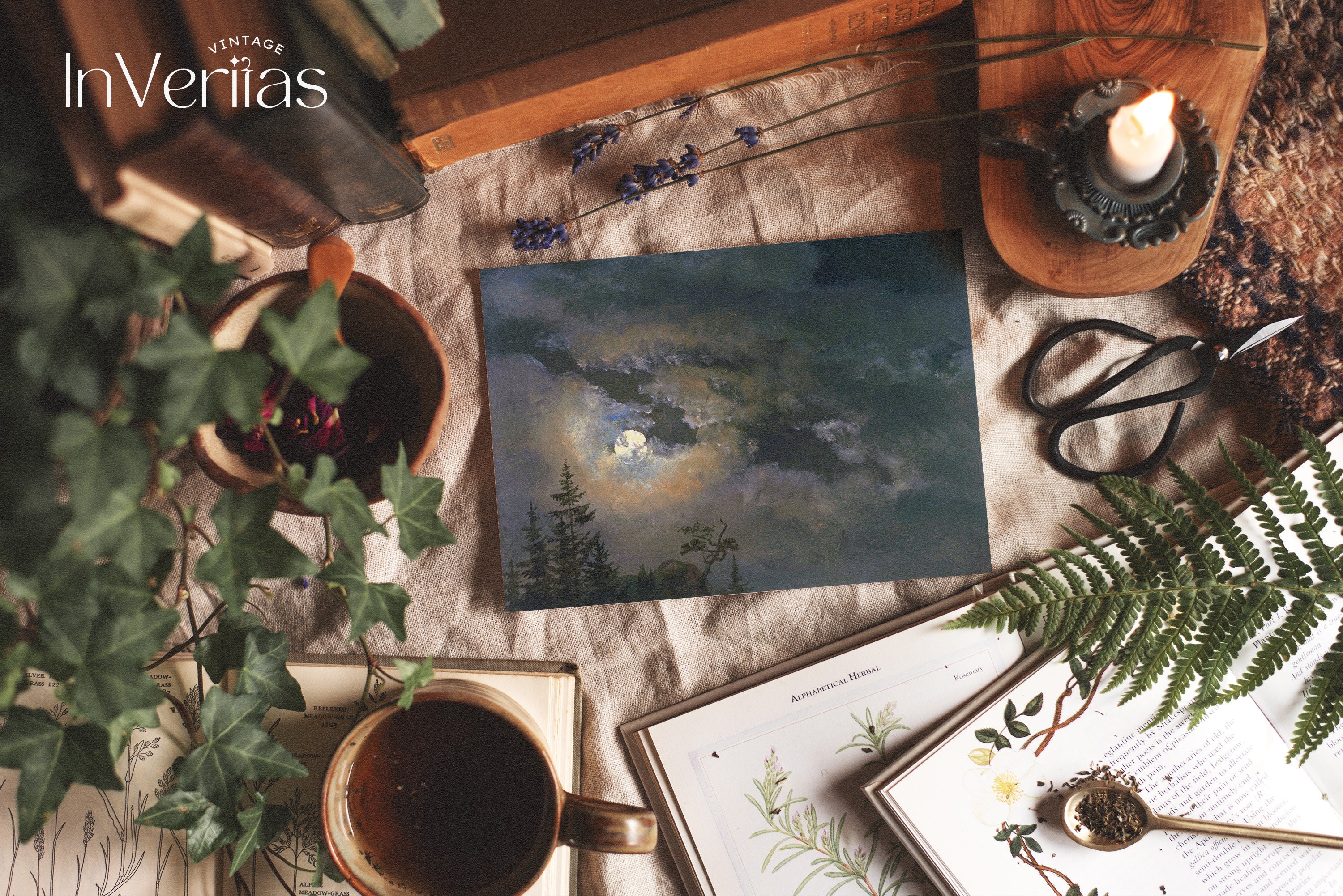 Full Moon Night Sky Vintage Painting | Moody Dark Cottagecore Decor ...