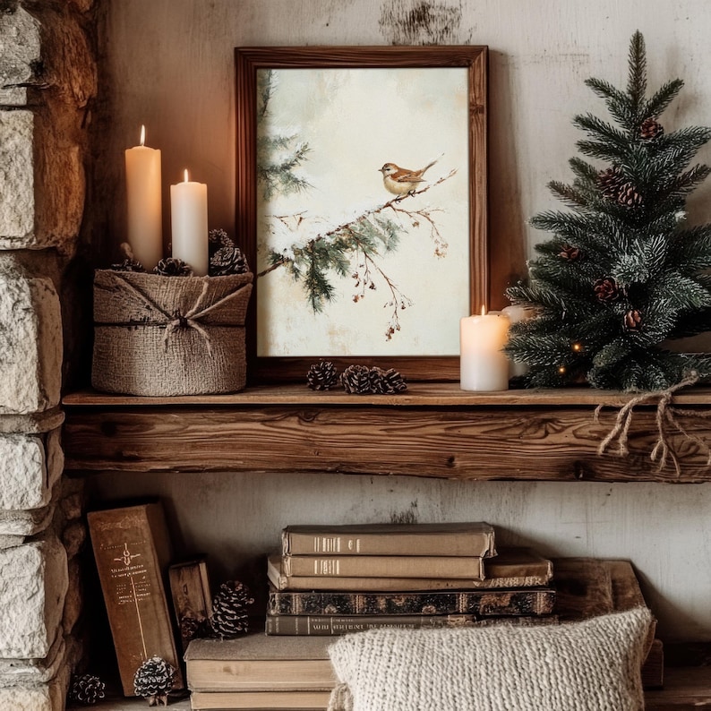 K&ouml;nnte beinhalten: Ein rustikales Holzregal mit einem gerahmten Bild eines Vogels auf einem schneebedeckten Ast, zwei Kerzen in einem Jutesack, einem kleinen k&uuml;nstlichen Tannenbaum und einem Stapel B&uuml;cher.