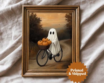 Ghost on Bicycle Print Halloween Wall Art | Cottage Halloween Decor | PRINTED AND SHIPPED | No. A533