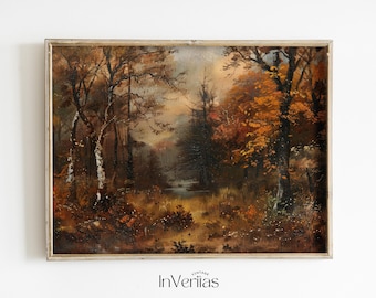 May include: A vintage oil painting depicting a forest scene with trees in various shades of brown, green, and yellow. The painting is framed in a simple, light wood frame.