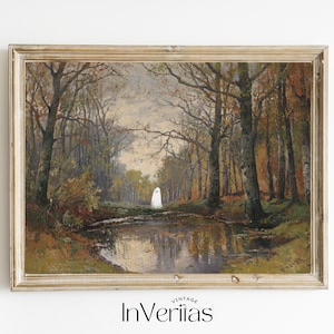 Ghost in Enchanted Autumn Forest Vintage Landscape Painting | Spooky Farmhouse Decor | Special Halloween Edition | PRINTABLE | No. H33