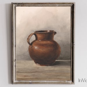 May include: A watercolor painting of a brown ceramic pitcher on a wooden table. The pitcher has a rounded body and a single handle.