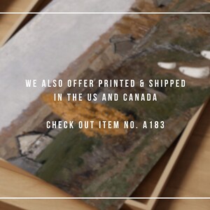 May include: A framed print of a landscape painting with a farmhouse in the distance. The painting features a variety of colors, including green, brown, and yellow. The text "WE ALSO OFFER PRINTED & SHIPPED IN THE US AND CANADA CHECK OUT ITEM NO. A183" is printed on the bottom of the print.
