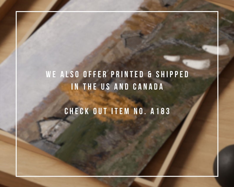 May include: A framed print of a landscape painting with a farmhouse in the distance. The painting features a variety of colors, including green, brown, and yellow. The text "WE ALSO OFFER PRINTED & SHIPPED IN THE US AND CANADA CHECK OUT ITEM NO. A183" is printed on the bottom of the print.