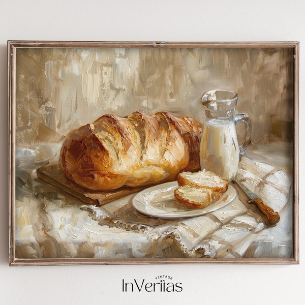 Bread and Milk Vintage Style Still Life Painting | Cottage Kitchen Decor | PRINTABLE | No. 634