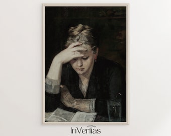 Dark Vintage Portrait Painting | Woman Reading | Moody Decor | PRINTABLE | No. 194