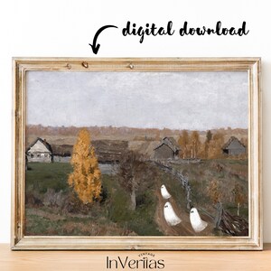May include: A digital download of a vintage painting depicting a rural landscape with three white ghosts walking down a path. The painting is framed in a light wood frame.