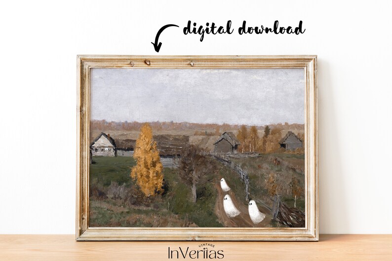 May include: A digital download of a vintage painting depicting a rural landscape with three white ghosts walking down a path. The painting is framed in a light wood frame.