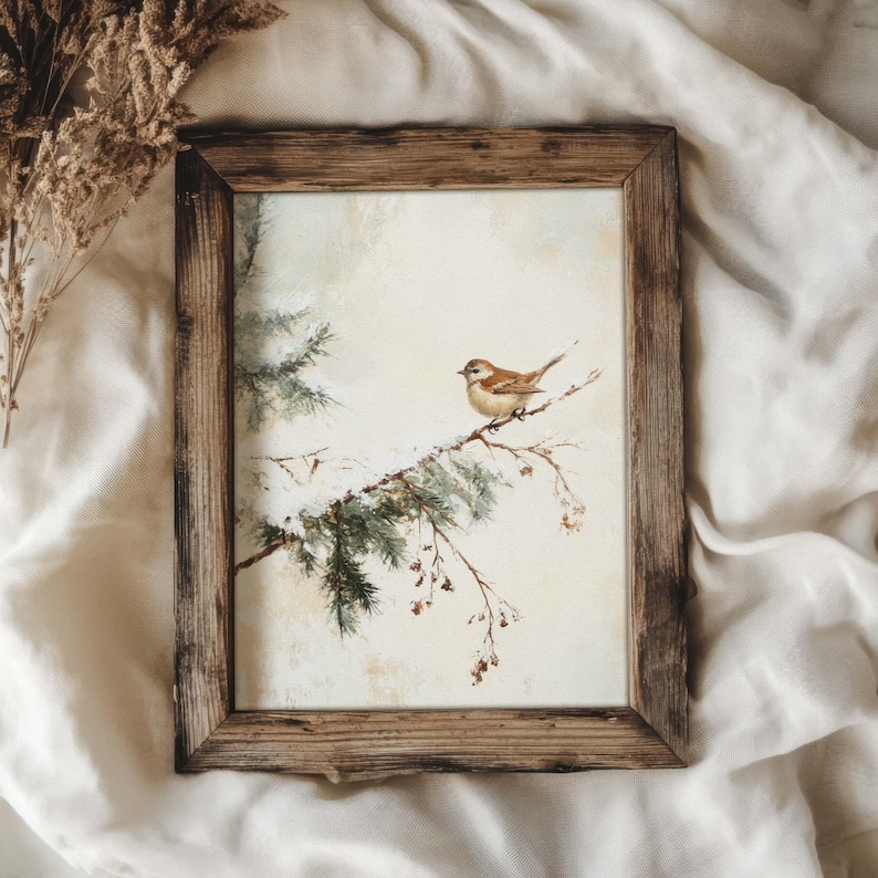 a vintage painting of a little brown bird in a winter forest