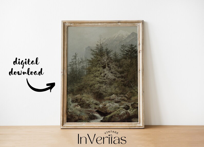 Rustikt bergslandskapsmålning | Vintage stämningsfull dekor | UTSKRIVBAR | Nr 195 bild 4