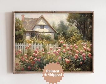 Cottage with Rose Garden Vintage Style Painting | Cottage Spring and Summer Decor | PRINTED AND SHIPPED | No. A249