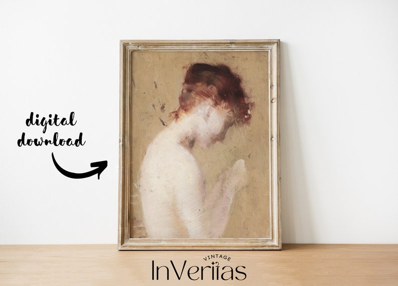 Vintage Nude Woman Portrait Antique Painting Neutral Wall Etsy Finland