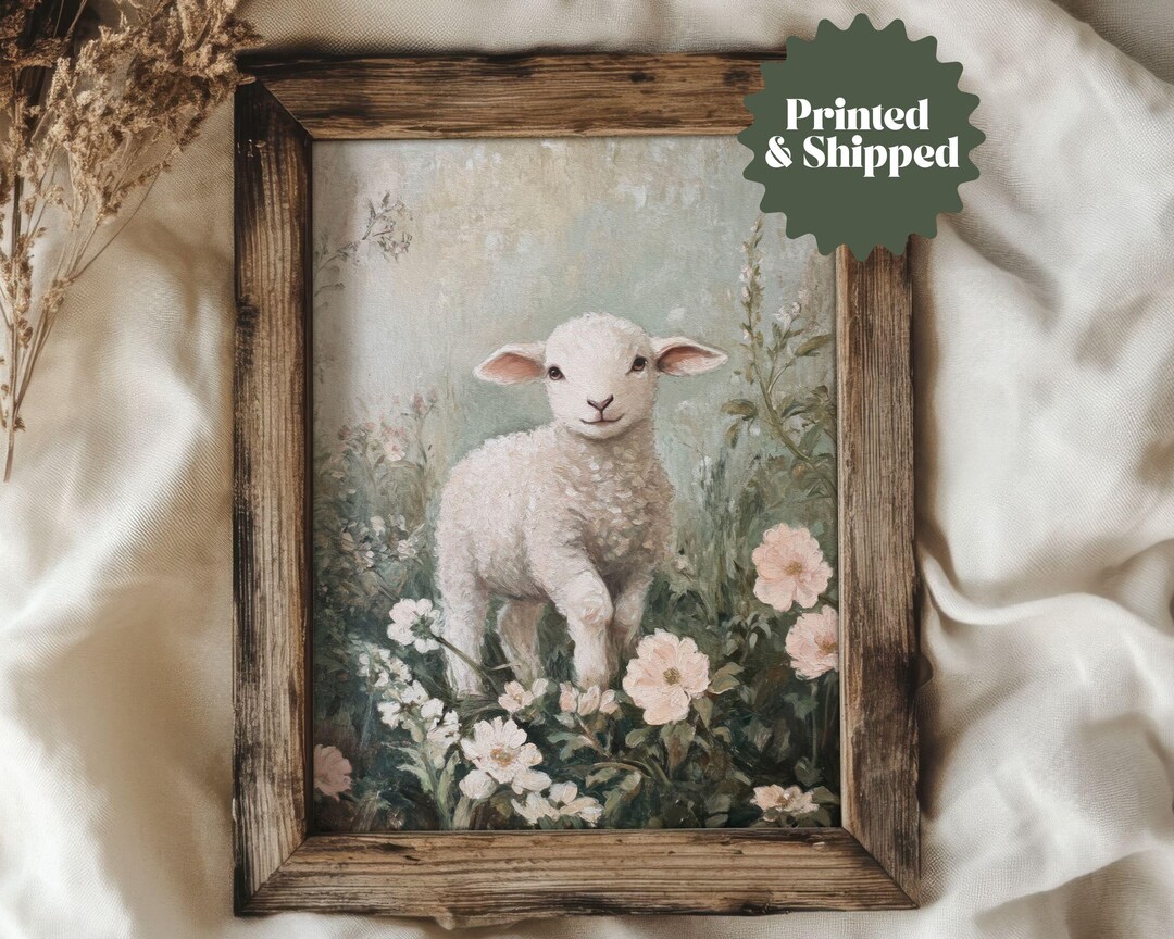 Lamb on Flower Meadow Print Light Green Vintage Style Sheep Wall Art ...
