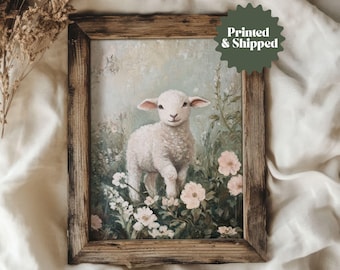 Lamb on Flower Meadow Print Light Green Vintage Style Sheep Wall Art | Cottage Spring & Easter Decor | PRINTED AND SHIPPED | No. A445