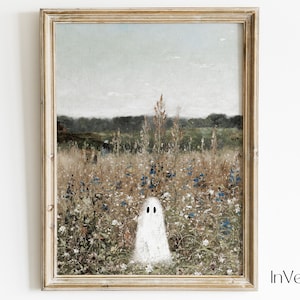 Cute Ghost on a Flower Meadow Vintage Painting | Farmhouse Halloween Decor | Special Halloween Edition | PRINTABLE | No. H08