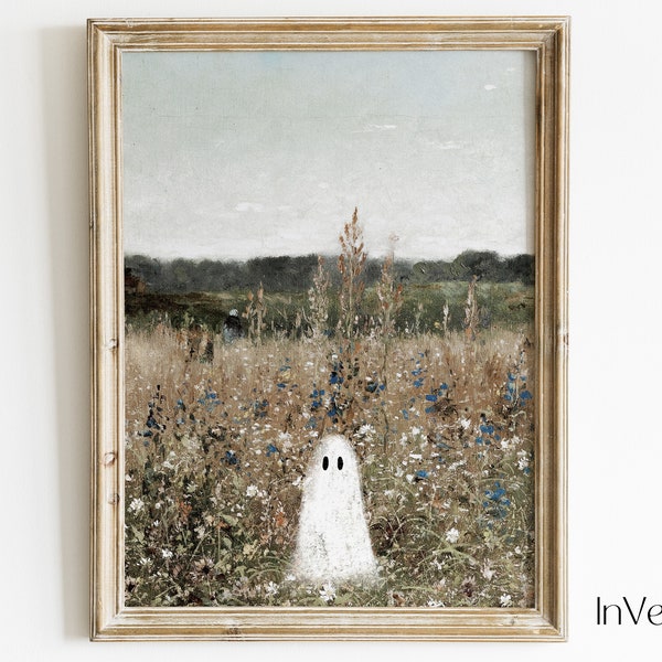 Cute Ghost on a Flower Meadow Vintage Painting | Farmhouse Halloween Decor | Special Halloween Edition | PRINTABLE | No. H08