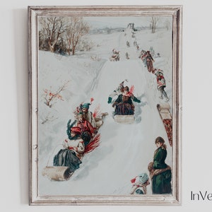 May include: A vintage illustration of people sledding down a snowy hill. The illustration is in a white frame with a vintage-style logo in the bottom right corner. The logo says "InVerias Vintage".