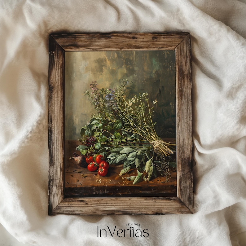 Kitchen Herbs Vintage Style Still Life Painting | Moody Farmhouse Kitchen Decor | PRINTABLE | No. 717 image 3