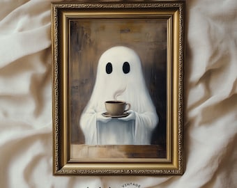 May include: A white ghost holding a steaming cup of coffee in a gold-framed painting. The ghost has two black eyes and a faint smile. The painting is set against a brown background.