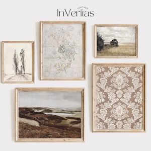 May include: A gallery wall with five framed prints. The prints feature a variety of styles, including a floral pattern, a landscape scene, and a damask design. The frames are all made of wood and have a light brown finish. The text "Vintage InVerias" is at the top of the image.