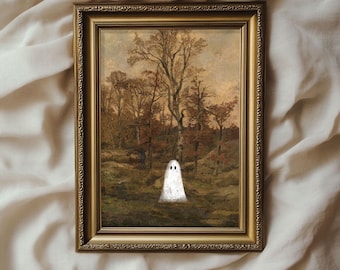 May include: A framed painting of a forest scene with a white ghost figure in the foreground. The painting is in a gold frame and has a vintage aesthetic.