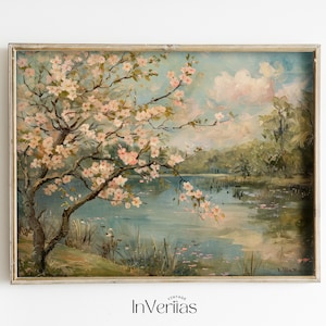 桜の春の絵画 ヴィンテージスタイル ウォールアート | コテージ装飾 | 印刷可能 | No. 641