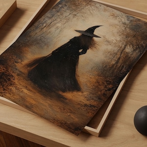 May include: A painting of a witch in a black dress and pointed hat, flying on a broomstick through a misty forest. The background is a muted brown and green.
