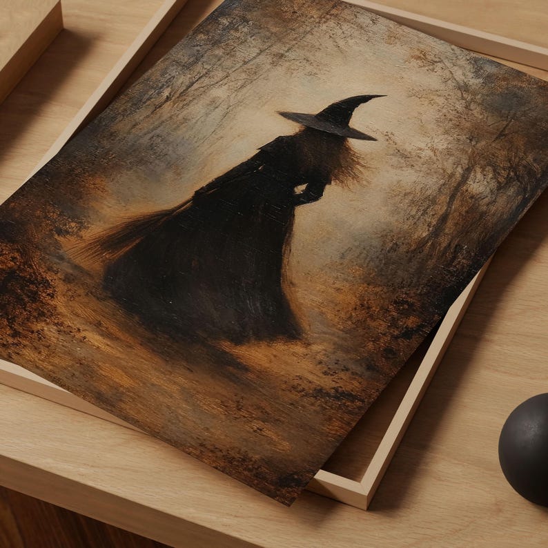 May include: A painting of a witch in a black dress and pointed hat, flying on a broomstick through a misty forest. The background is a muted brown and green.