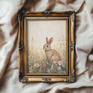 Rabbit and Wild Flowers Muted Print Vintage Bunny Wall Art | Cottage Easter and Spring Decor | PRINTABLE | No. 794
