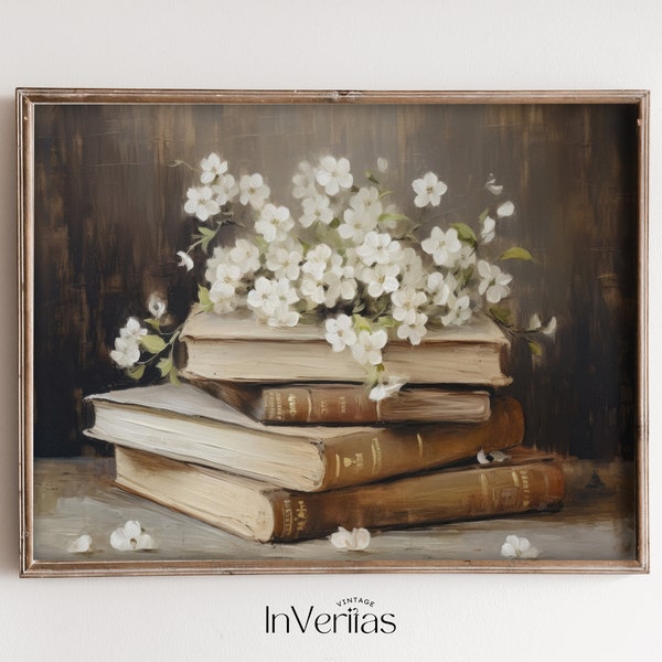 Books and Flowers Vintage Style Painting | Cottage Light Academia Decor | PRINTABLE | No. 631