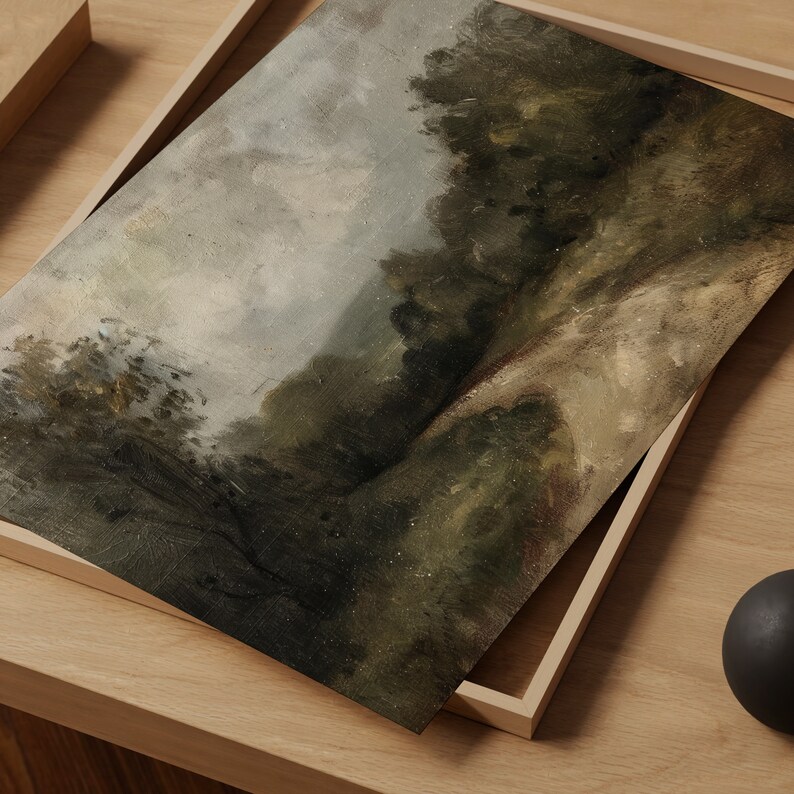 May include: A painting of a landscape with a winding path leading through a forest. The sky is cloudy and the trees are a dark green. The painting is done in a muted palette of browns, greens, and grays.