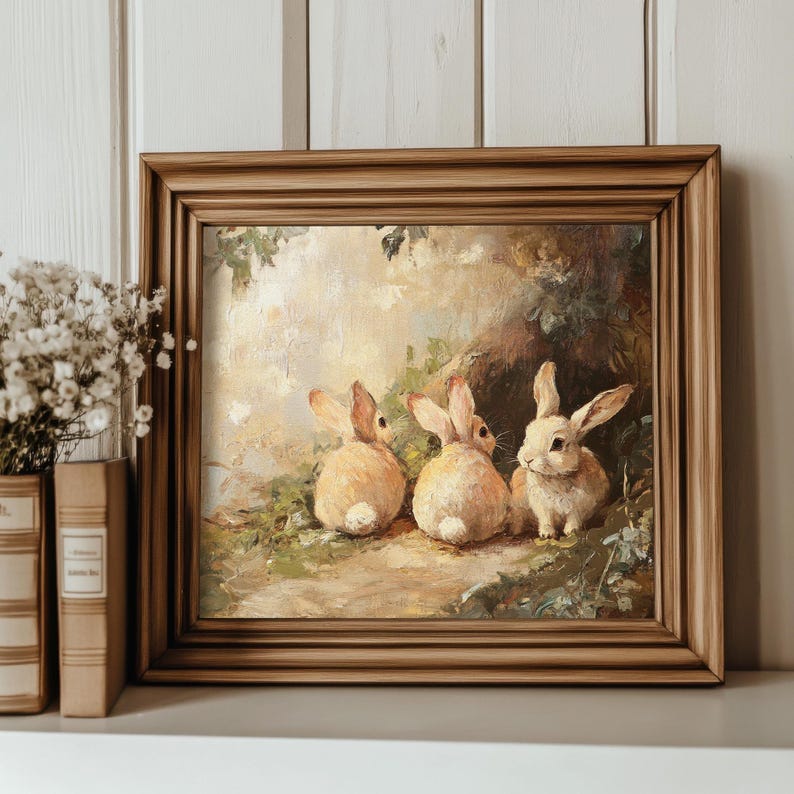 Cute Rabbits Print Vintage Bunnies Easter Wall Art | Cottage Easter and ...